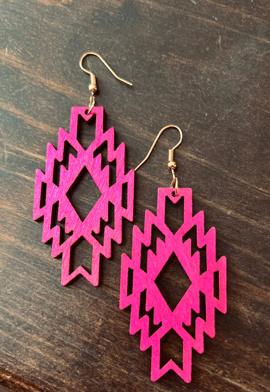 Pretty in pink wood Aztec earrings